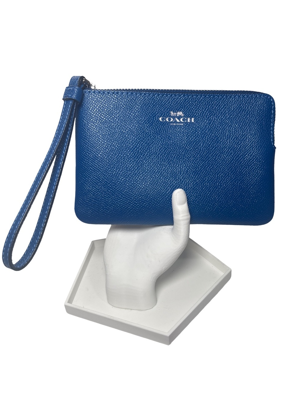 Coach Cobalt Blue & Silver Crossgrain Leather corner zip Wristlet w/ Dusty! EUC
